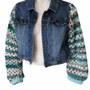 Upcycled kids or small Jean Jacket with shades of tean Crochet sleeves